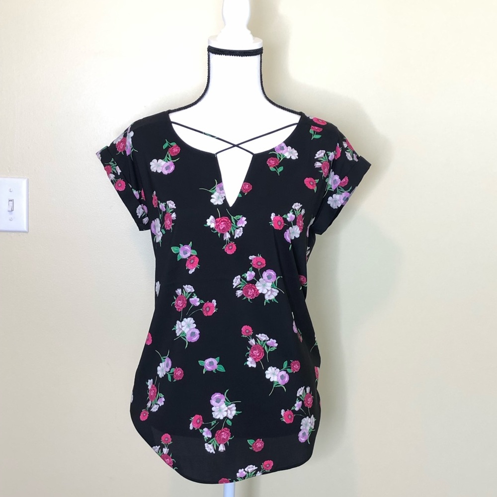 Express Women’s Black Floral Strappy Front Top